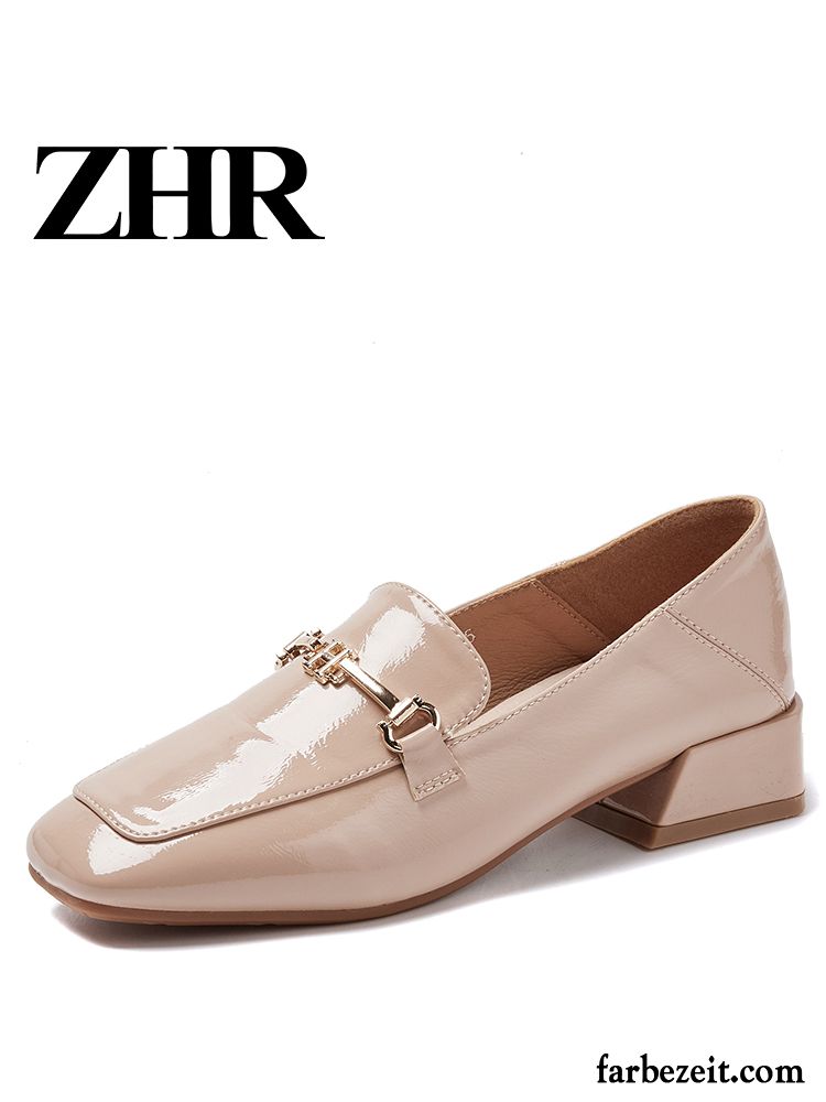 Halbschuhe Damen Feder England Vierkantkopf Schnürschuhe Lederschuhe Dick Beige Farbe Hell