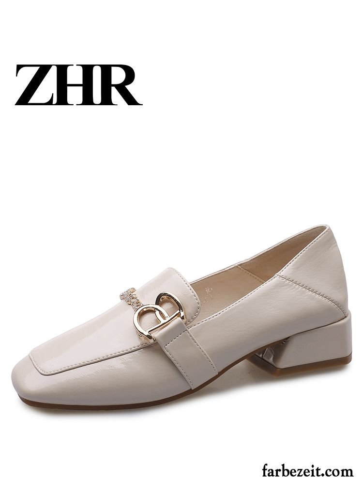 Halbschuhe Damen Feder England Vierkantkopf Schnürschuhe Lederschuhe Dick Beige Farbe Hell