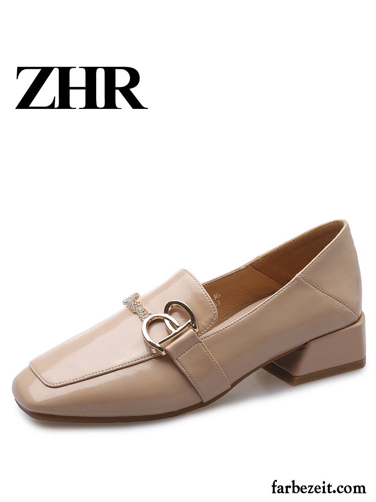 Halbschuhe Damen Feder England Vierkantkopf Schnürschuhe Lederschuhe Dick Beige Farbe Hell