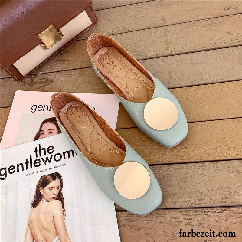 Halbschuhe Damen Flache Sommer Weiche Sohle Retro Gemütlich Vierkantkopf Beige Farbe Hell