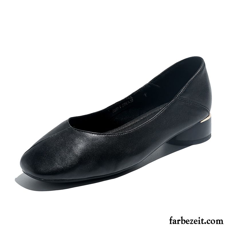 Halbschuhe Damen Leder Dick Retro Schnürschuhe Vierkantkopf Faul Schwarz Hell