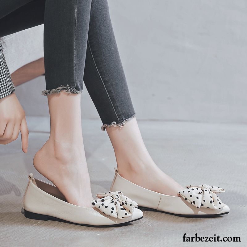 Halbschuhe Damen Weiche Sohle Flache Spitze Echtleder Feder Casual Beige Hell