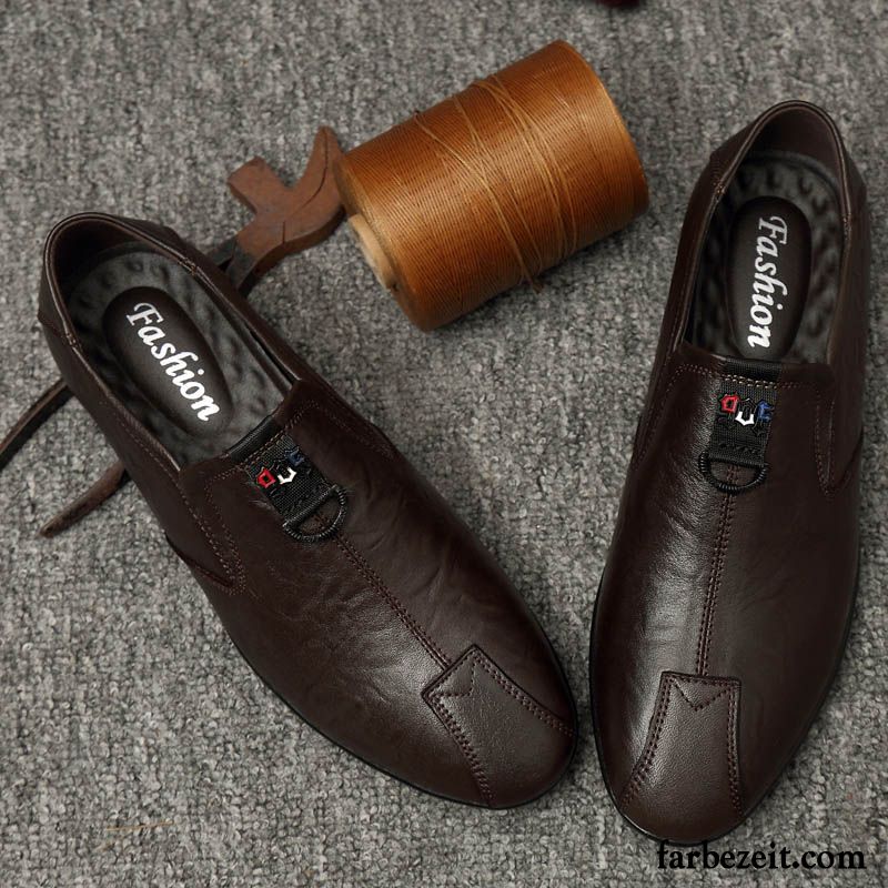 Halbschuhe Herren Casual Slip-on Neue Trend Echtleder Lederschue Braun Dunkel