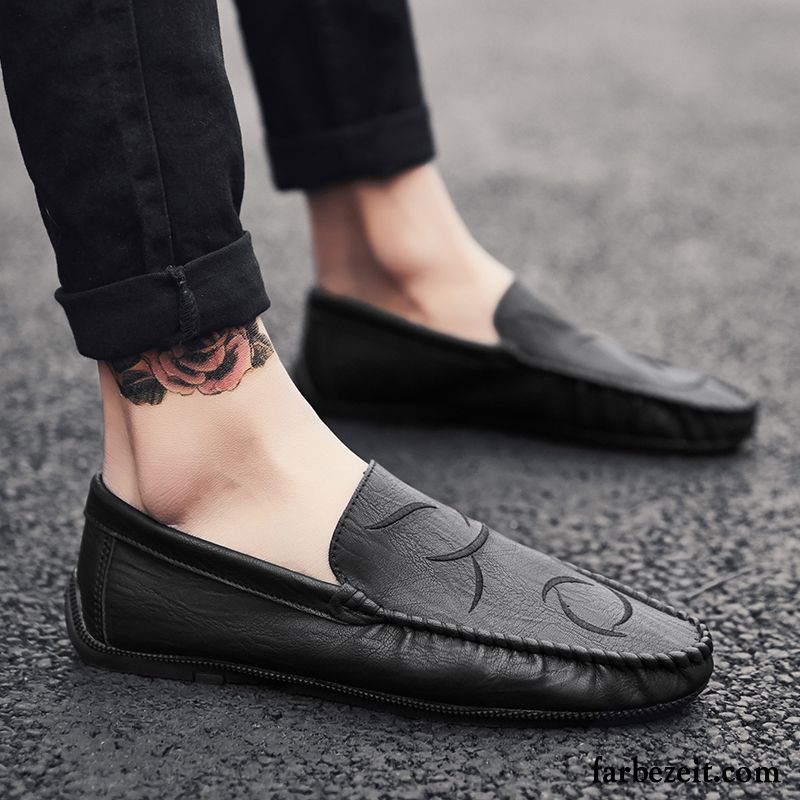 Halbschuhe Herren Feder Slip-on Lederschue Sommer Trend Atmungsaktiv Schwarz