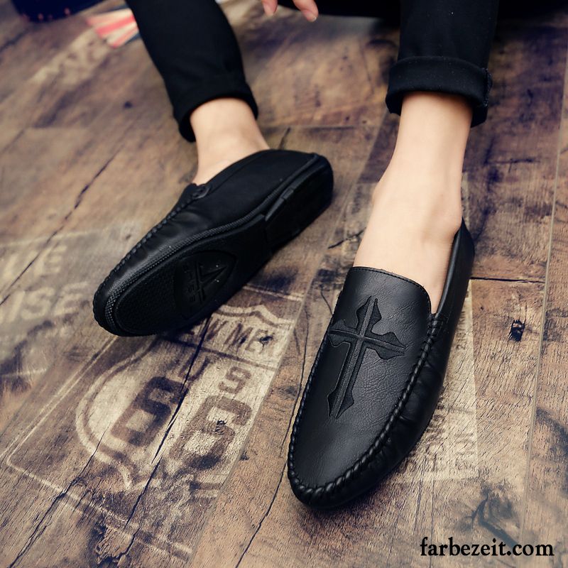 Halbschuhe Herren Feder Slip-on Lederschue Sommer Trend Atmungsaktiv Schwarz