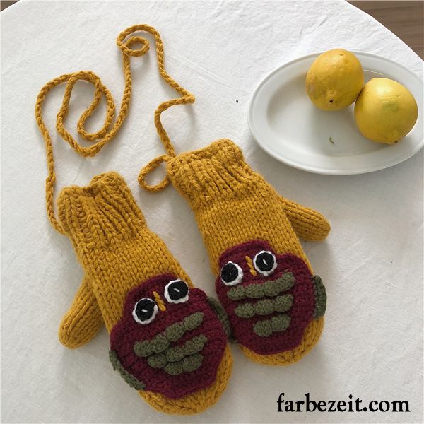 Handschuhe Damen Dicke Handarbeit Winter Samt Karikatur Warm Halten Gelb