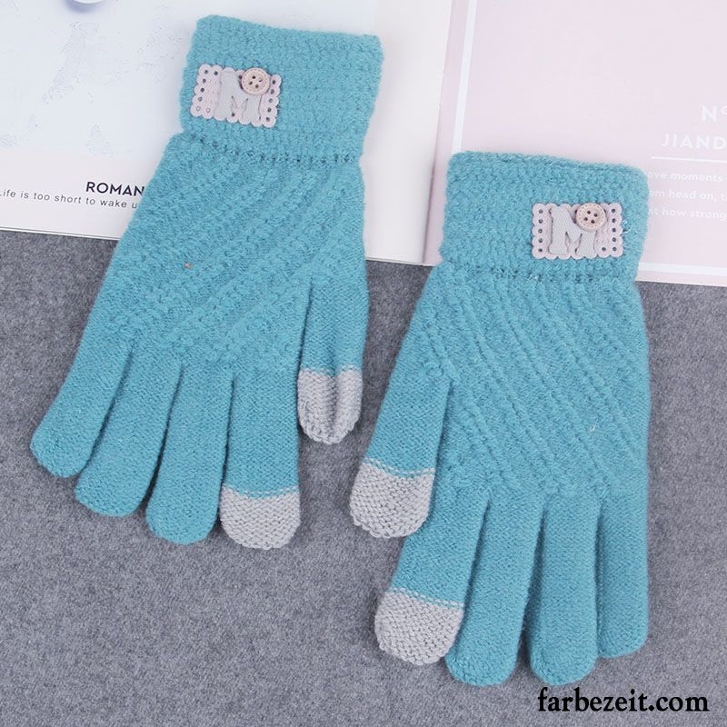 Handschuhe Damen Fahren Reiten Student Wolle Fünf Finger Kalte Blau