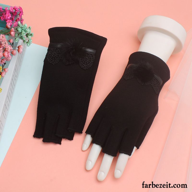 Handschuhe Damen Niedlich Samt Telefon Student Halber Finger Winter Schwarz