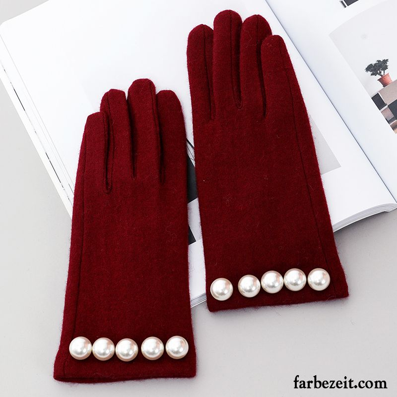 Handschuhe Damen Niedlich Samt Winter Warm Halten Schafwolle Dicke Rot