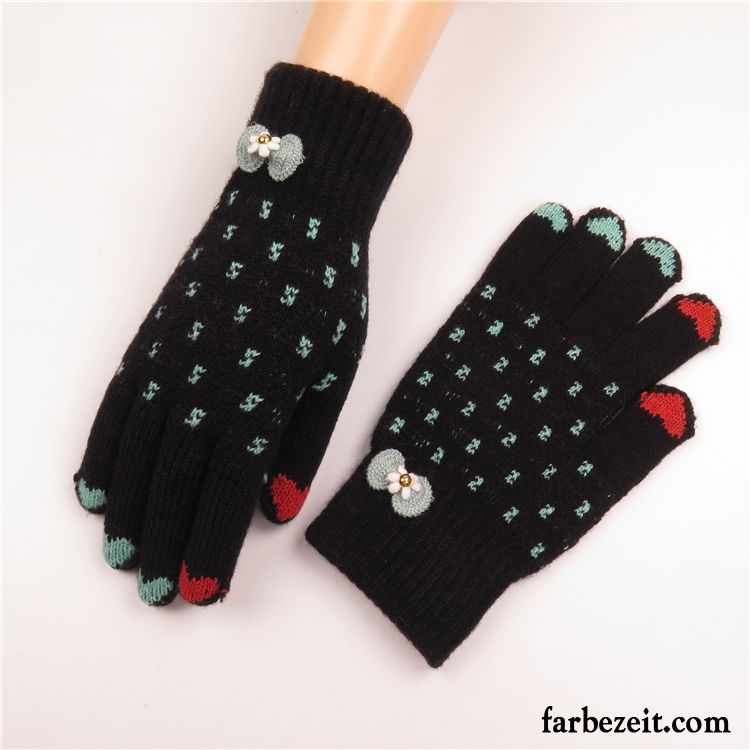 Handschuhe Damen Stricken Winter Niedlich Liebe Samt Touchscreen Blau