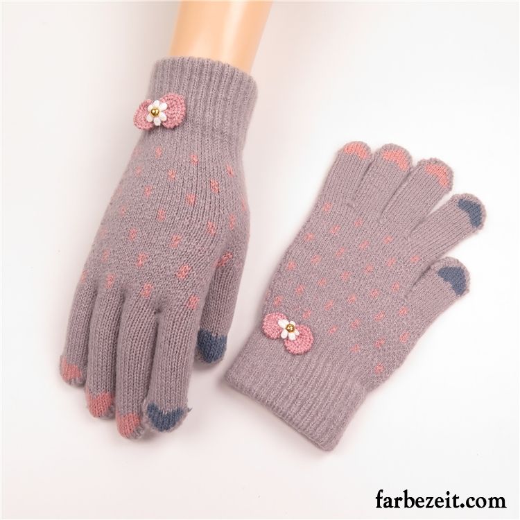 Handschuhe Damen Stricken Winter Niedlich Liebe Samt Touchscreen Blau