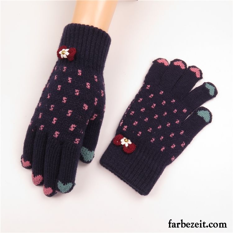 Handschuhe Damen Stricken Winter Niedlich Liebe Samt Touchscreen Blau