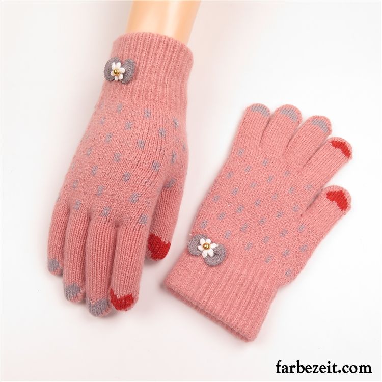 Handschuhe Damen Stricken Winter Niedlich Liebe Samt Touchscreen Blau