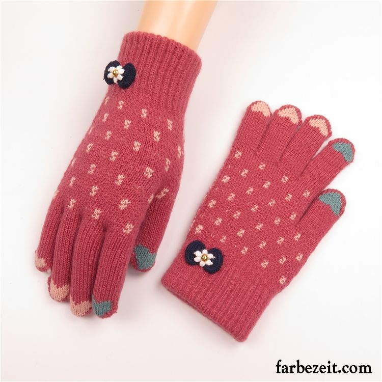 Handschuhe Damen Stricken Winter Niedlich Liebe Samt Touchscreen Blau