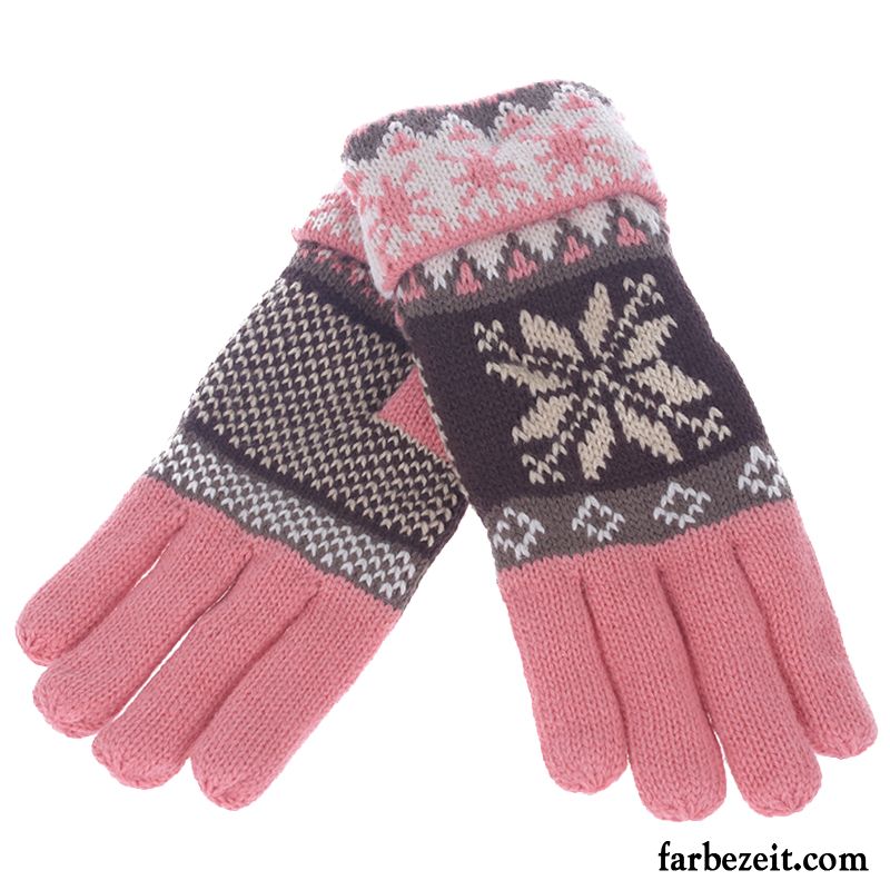 Handschuhe Damen Stricken Wolle Fahrrad Fahren Warm Halten Trend Fünf Finger Rosa