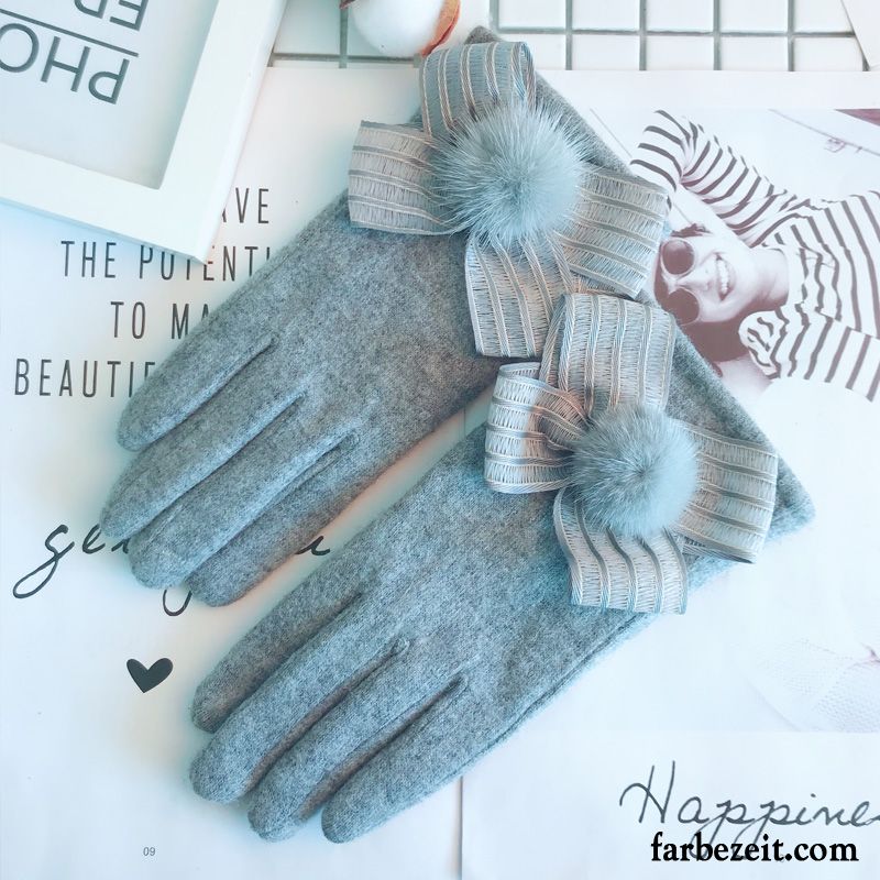 Handschuhe Damen Student Fahren Kaninchenfell Winter Niedlich Kaschmir Grau