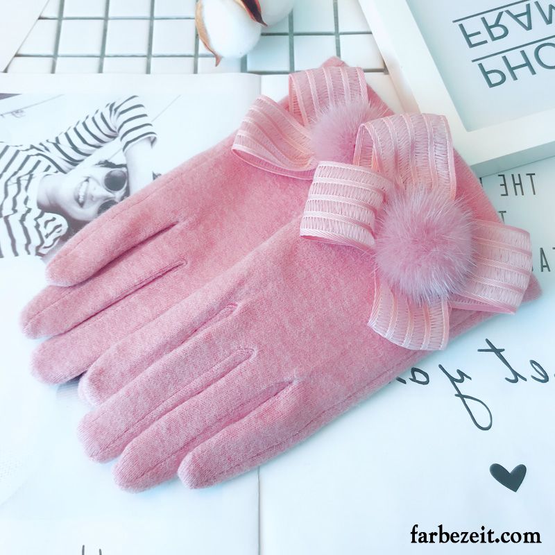 Handschuhe Damen Student Fahren Kaninchenfell Winter Niedlich Kaschmir Grau