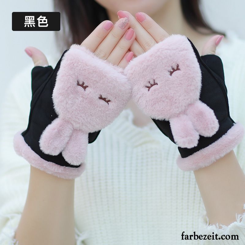 Handschuhe Damen Süß Warm Halten Karikatur Student Halber Finger Winter Grau