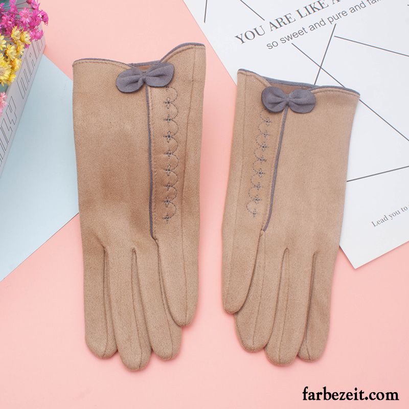 Handschuhe Damen Touchscreen Outdoor Reiten Winter Stickerei Kaschmir Khaki