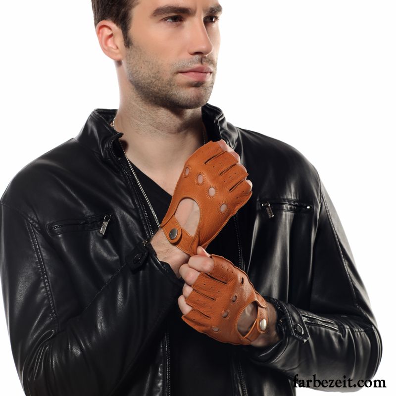 Handschuhe Herren Peau De Daim Halber Finger Echt Leder Kurz Frühling Sommer Braun