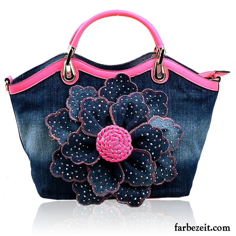 Handtaschen Damen Strasssteinen Mode Denim Blumen Neu Leinwand Rose Rot