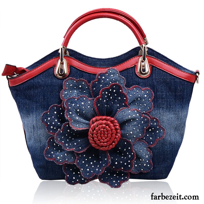 Handtaschen Damen Strasssteinen Mode Denim Blumen Neu Leinwand Rose Rot