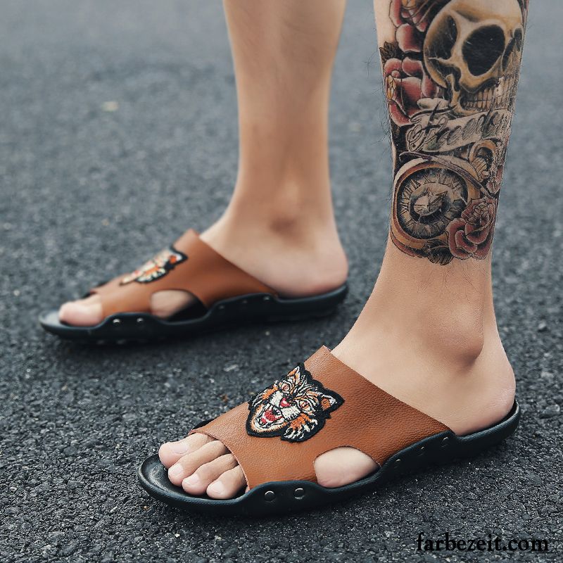 Hausschuhe Herren Sommer Sandalen Mode Echtleder Trend Persönlichkeit Sandfarben Braun