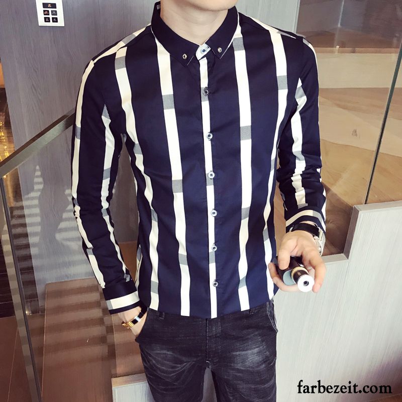 Hemden Herren Beruflich Schlank Trend Neu Lange Ärmel Overall Dunkelblau