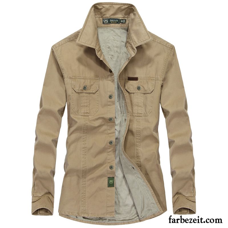 Hemden Herren Freizeit Lange Ärmel Schlank Baumwolle Rein Herbst Weiß Beige