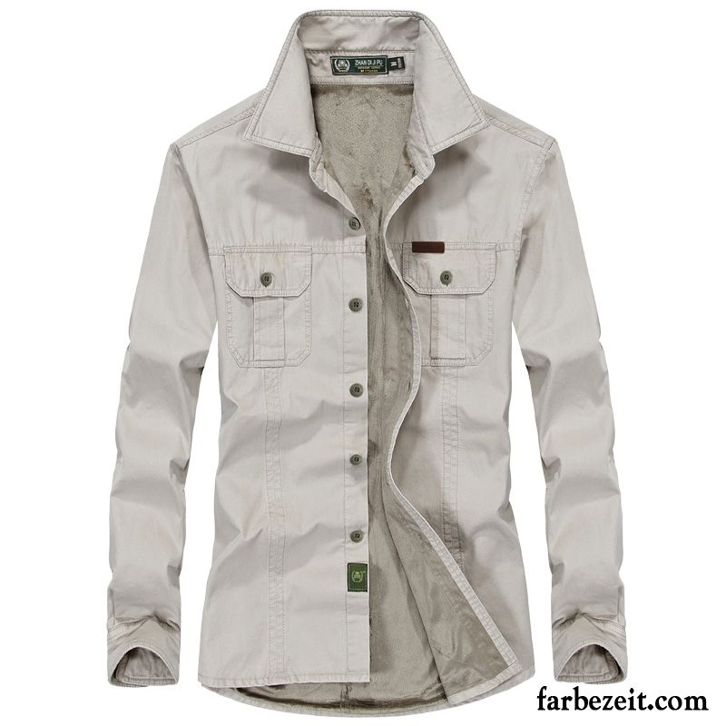 Hemden Herren Freizeit Lange Ärmel Schlank Baumwolle Rein Herbst Weiß Beige