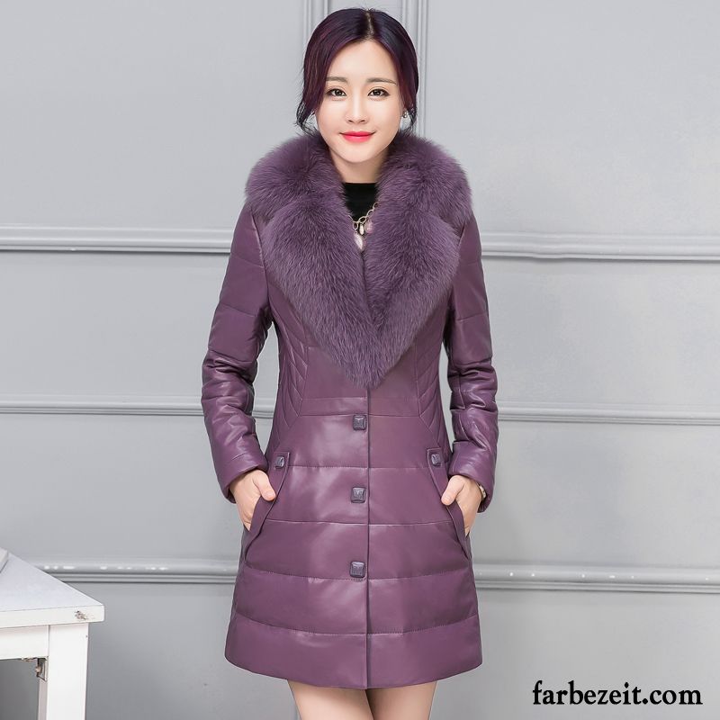 Hemdlederjacke Weiß Damen Neu Überzieher Lederjacke Baumwolle Winterkleidung Schlank Langer Abschnitt Fuchs Günstig