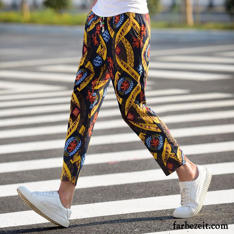 Herren Hosen Sommer Drucken Nationalen Stil Harlan Hose Blume Sommer Grün Neunte Hose Persönlichkeit Schlank Schmales Bein Billig