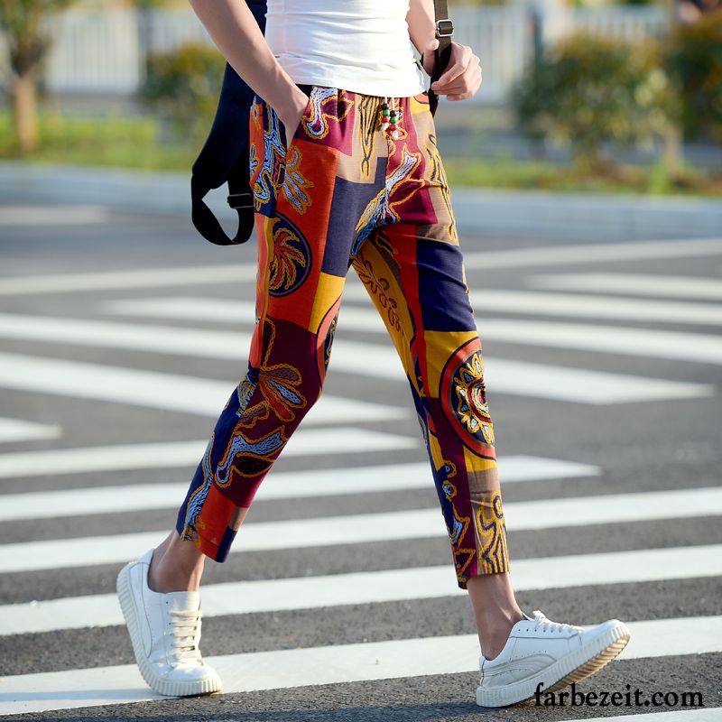 Herren Hosen Sommer Drucken Nationalen Stil Harlan Hose Blume Sommer Grün Neunte Hose Persönlichkeit Schlank Schmales Bein Billig