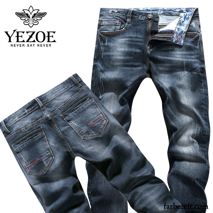 Herren Jeans Destroyed Look Gerade Schwarz Winter Herbst Elastisch Lange Schlank Schmales Bein Freizeit Jeans Hose Trend Blume Kaufen