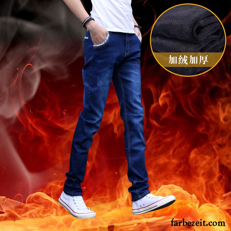 Herren Jeans Knopfleiste Gerade Herbst Elastisch Winter Lange Trend Hose Schlank Schmales Bein Jeans Plus Samt Freizeit Billig