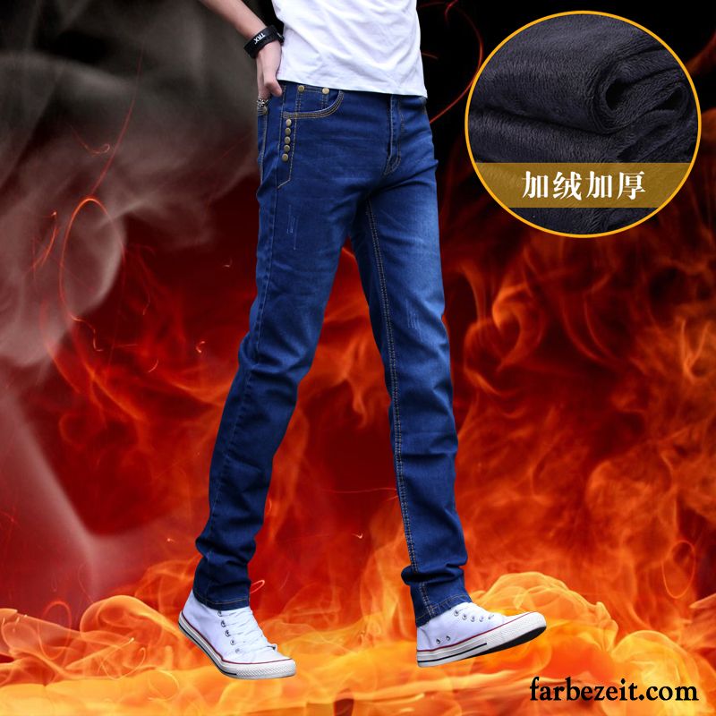 Herren Jeans Knopfleiste Gerade Herbst Elastisch Winter Lange Trend Hose Schlank Schmales Bein Jeans Plus Samt Freizeit Billig