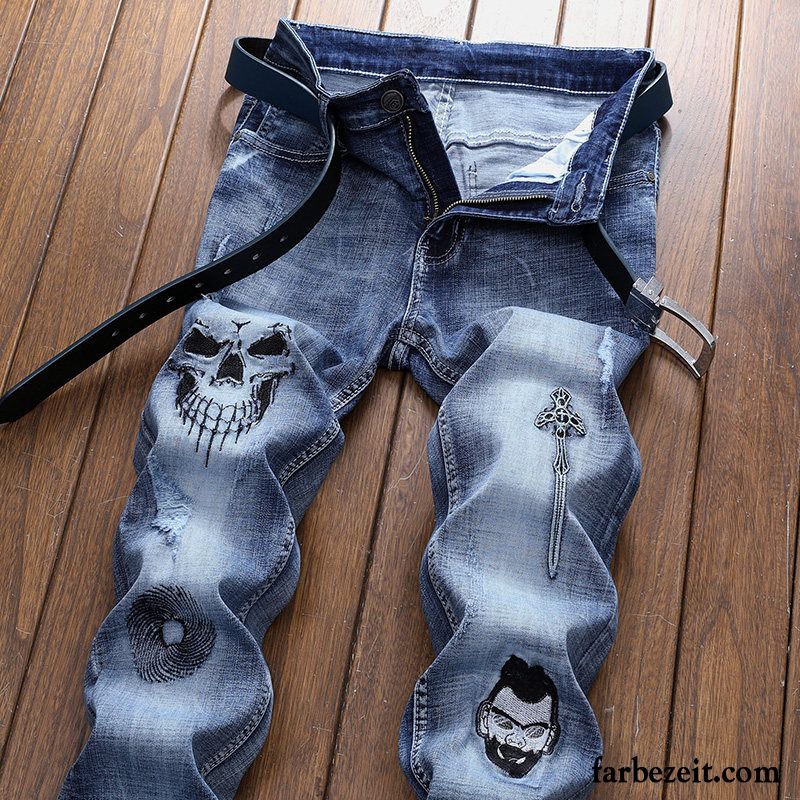 Herren Jeans Schwarz Destroyed Jeans Elastisch Neu Hell Stickerei Schmales Bein Jugend Blau Trend Löcher Schlank