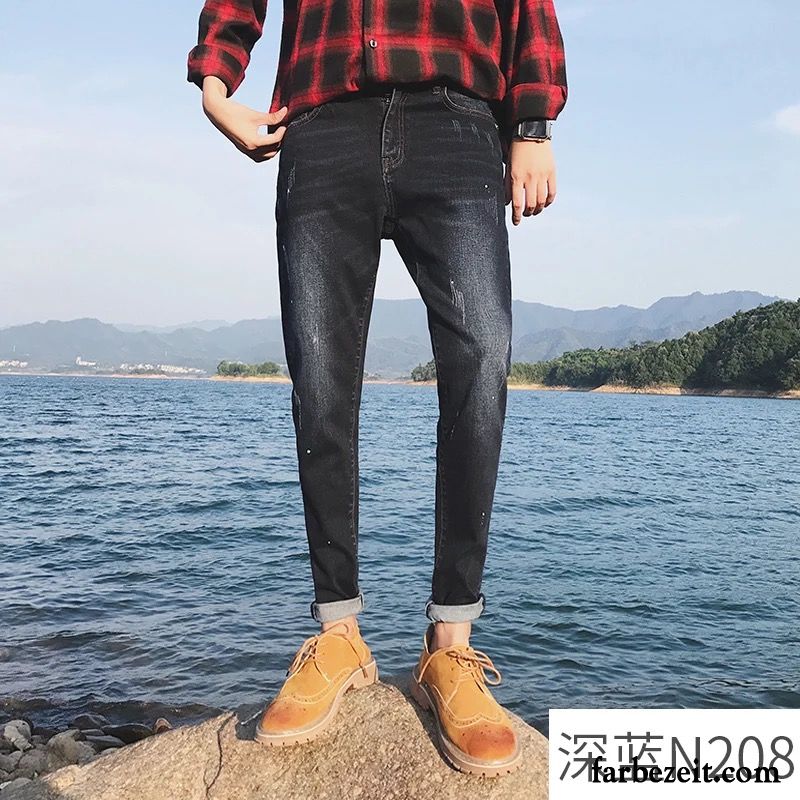 Herren Jeans Stretch Trend Herbst Jugend Gerade Blau Elastisch Schmales Bein Lose Jeans Schlank Neunte Hose Günstig