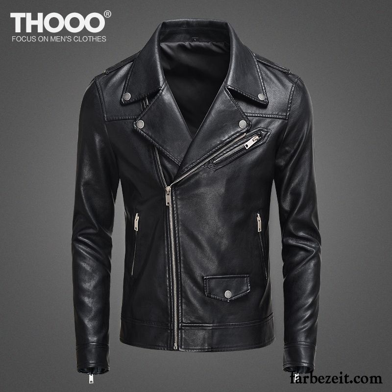 Herren Lederjacke Größentabelle Schwarz Lederjacke Überzieher Jugend Neu Revers Trend Persönlichkeit Schlank Sale