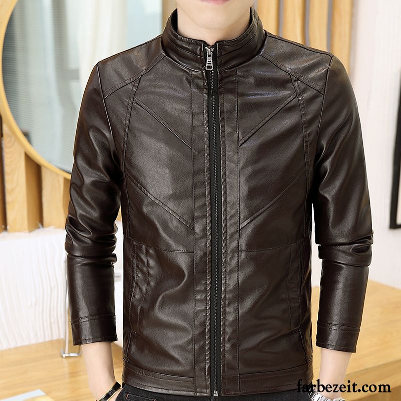 Herren Lederjacke Slim Fit Blau Trend Schwarz Schlank Überzieher Lederjacke Neu Stehkragen Günstig