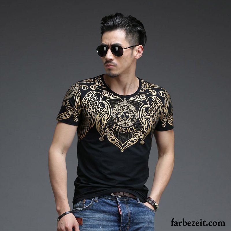 Herren Shirt Schwarz Sommer Golden Muster Trend Mode Drucken