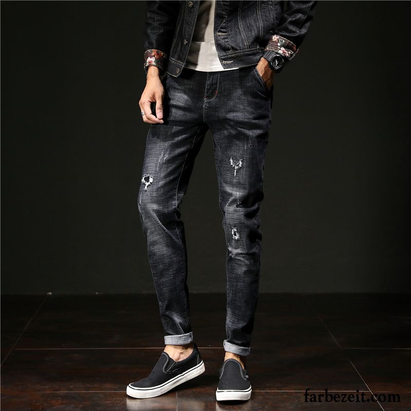 Herren Skinny Jeans Trend Schlank Herbst Patch Jeans Löcher Hose Schwarz Schmales Bein Lange Allgleiches Günstig