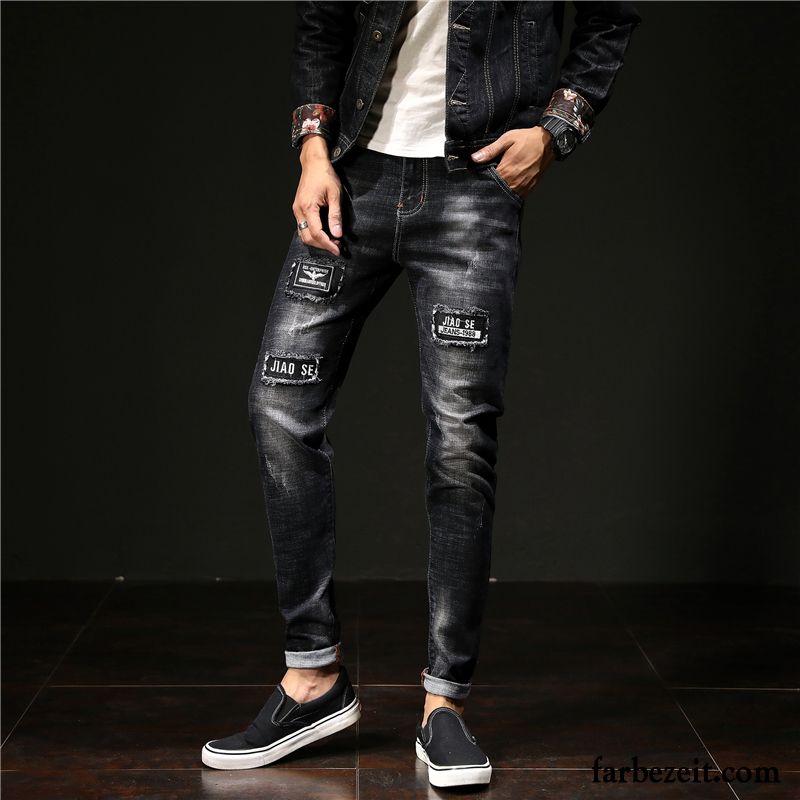 Herren Skinny Jeans Trend Schlank Herbst Patch Jeans Löcher Hose Schwarz Schmales Bein Lange Allgleiches Günstig