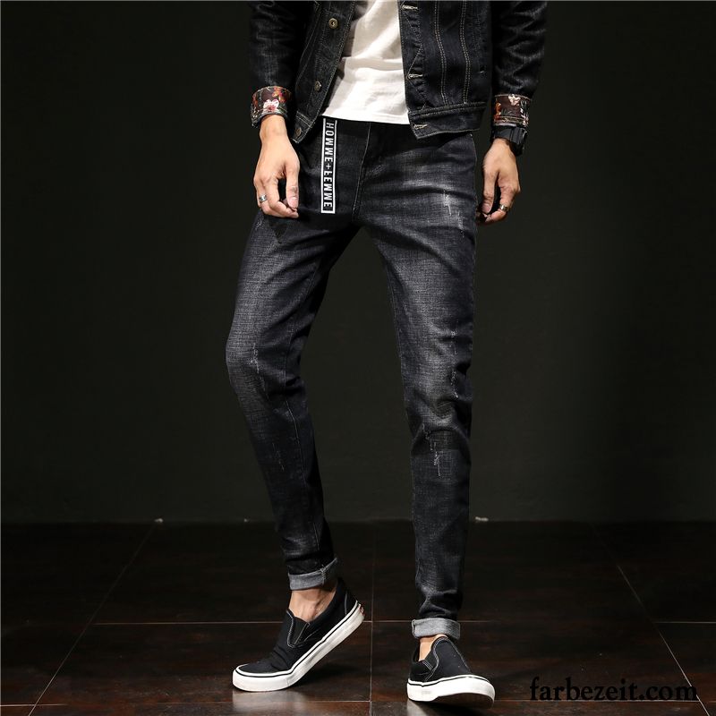 Herren Skinny Jeans Trend Schlank Herbst Patch Jeans Löcher Hose Schwarz Schmales Bein Lange Allgleiches Günstig