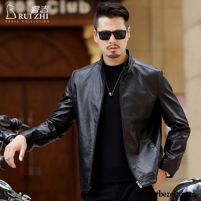 Herren Sommer Blouson Lederjacke Mode Braun Herbst Überzieher Feder Stehkragen Neu Trend Günstig