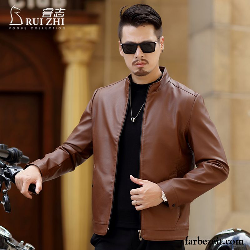 Herren Sommer Blouson Lederjacke Mode Braun Herbst Überzieher Feder Stehkragen Neu Trend Günstig