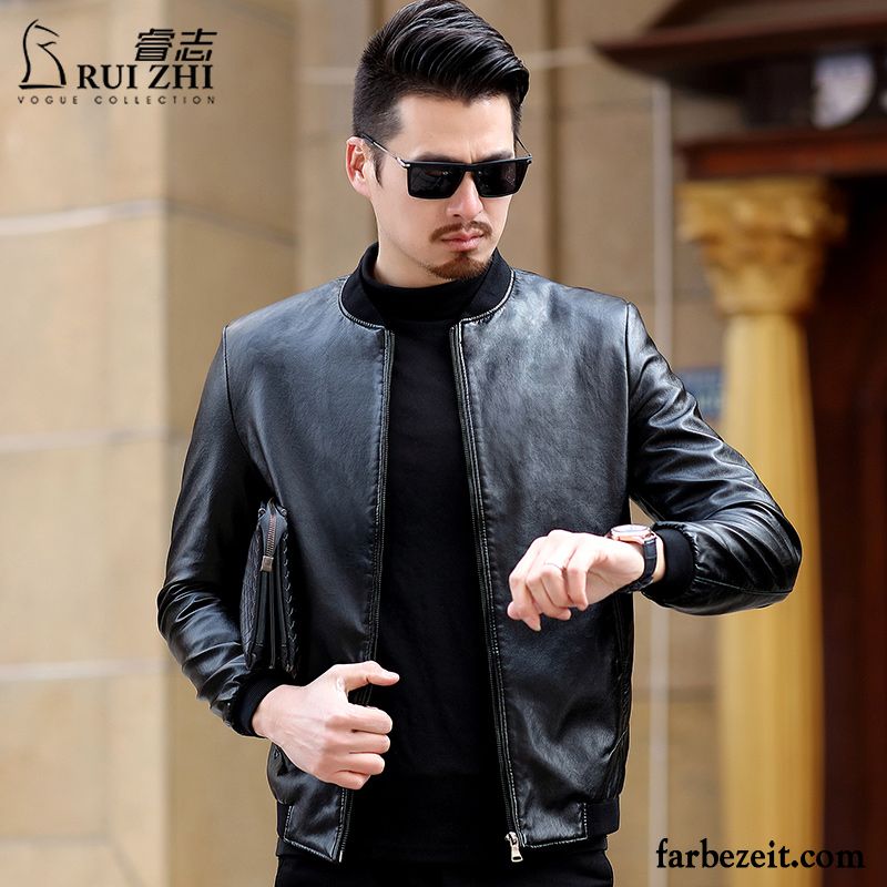 Herren Sommer Blouson Lederjacke Mode Braun Herbst Überzieher Feder Stehkragen Neu Trend Günstig