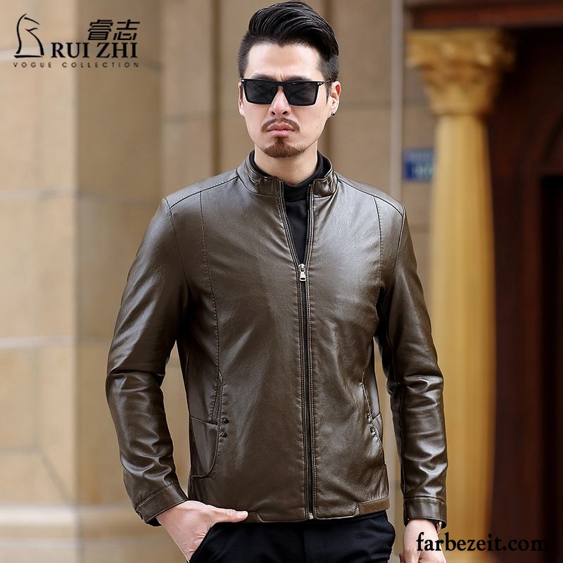 Herren Sommer Blouson Lederjacke Mode Braun Herbst Überzieher Feder Stehkragen Neu Trend Günstig