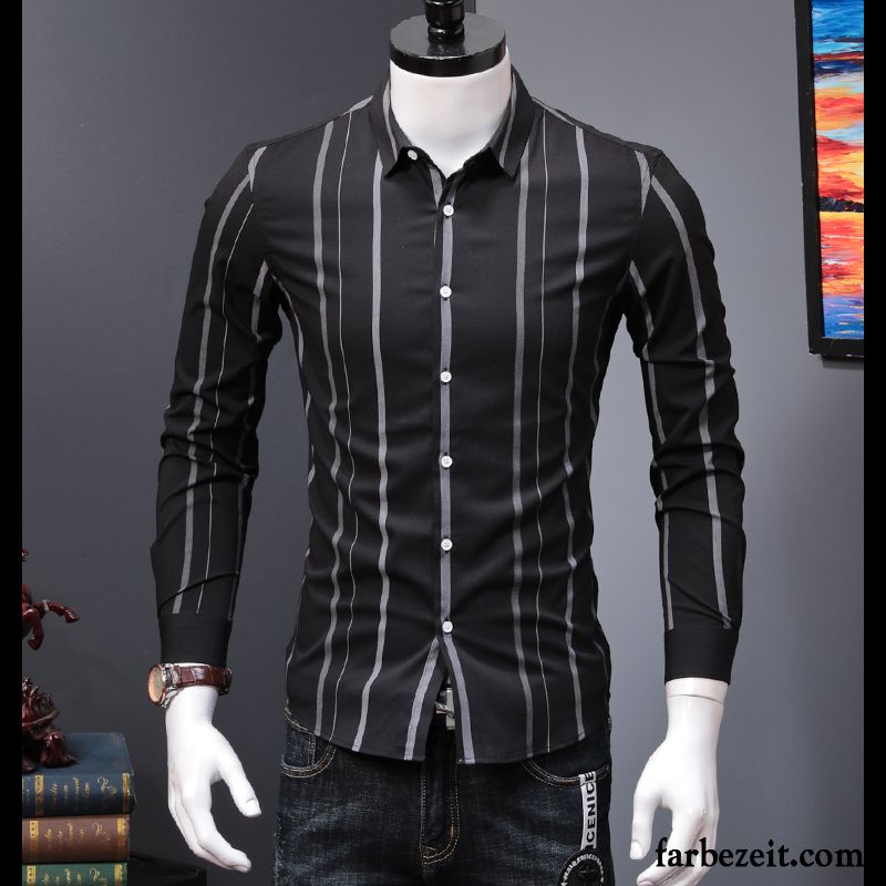 Herrenhemden Größen Lange Ärmel Trend Herbst Schwarz Hemden Schlank England Herren Jugend Freizeit Streifen Persönlichkeit Billig