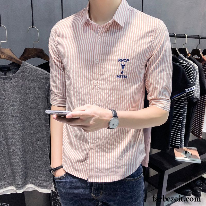 Herrenhemden Kaufen Schüler Herren Rosa Hemden Streifen Schlank Hülse Freizeit Lange Ärmel Sommer Trend Günstig